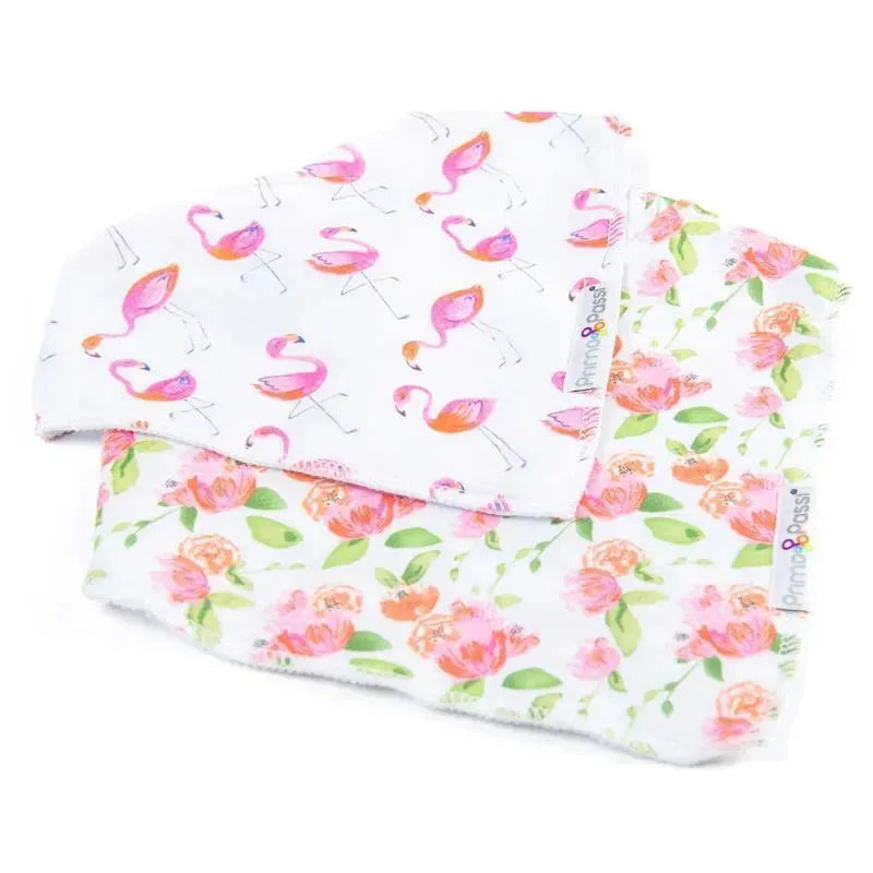Two bandana bibs by Primo Passi featuring a flamingo print and a floral rose design, ideal for infants.