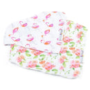 Two bandana bibs by Primo Passi featuring a flamingo print and a floral rose design, ideal for infants.