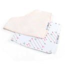 Two Primo Passi bandana bibs in white with pink and gray arrows, and a solid light pink design, folded neatly.
