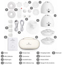 Primo Passi Double Electric Hands-Free Breast Pump kit includes pump body, milk collectors, flanges, charging cable, remote, and manual, all in a case.