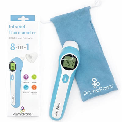 Primo Passi infrared thermometer with digital display showing 98.3°F, packaging, and a blue storage pouch.