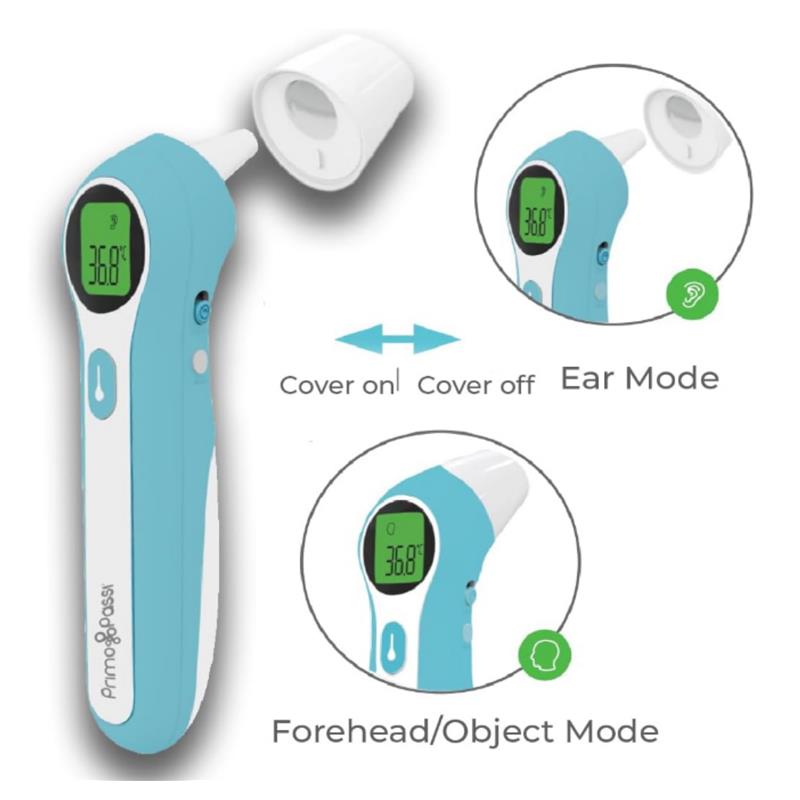 Primo Passi ear and forehead thermometer displaying 36.8°C with interchangeable covers for ear and forehead modes.