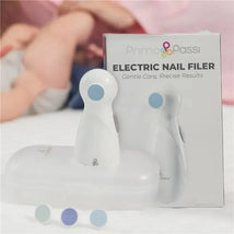 Baby electric nail filer by Primo Passi, featuring a white ergonomic design with a blue button and a storage case.