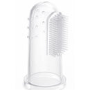 Silicone finger toothbrush with raised bumps for grip, featuring a comb-like bristle side, stored in a clear case holder.