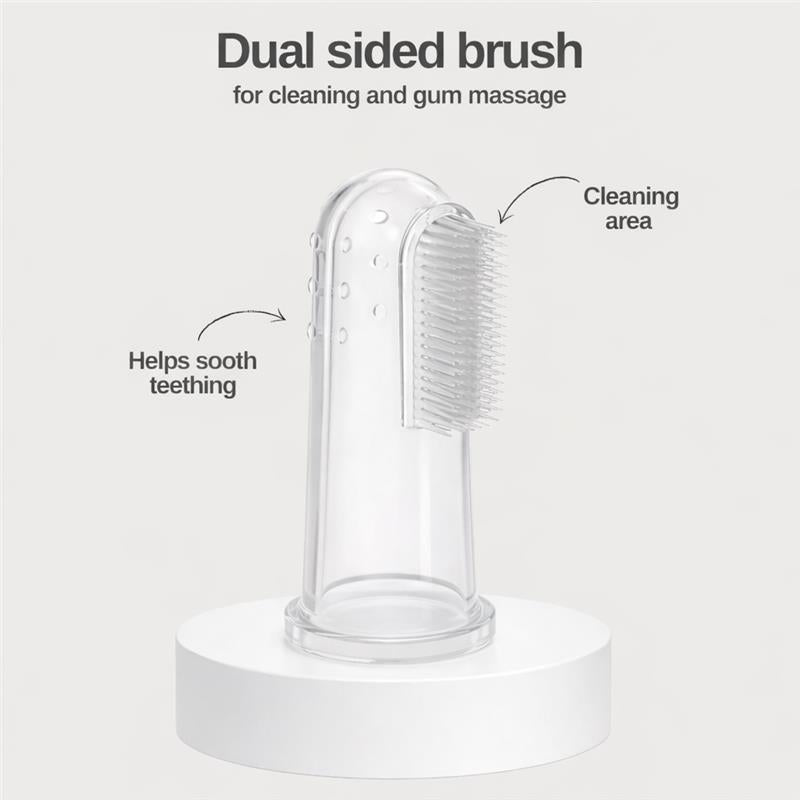 Dual-sided silicone toothbrush for cleaning and gum massage, includes case holder; helps soothe teething.