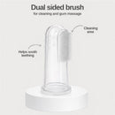 Dual-sided silicone toothbrush for cleaning and gum massage, includes case holder; helps soothe teething.