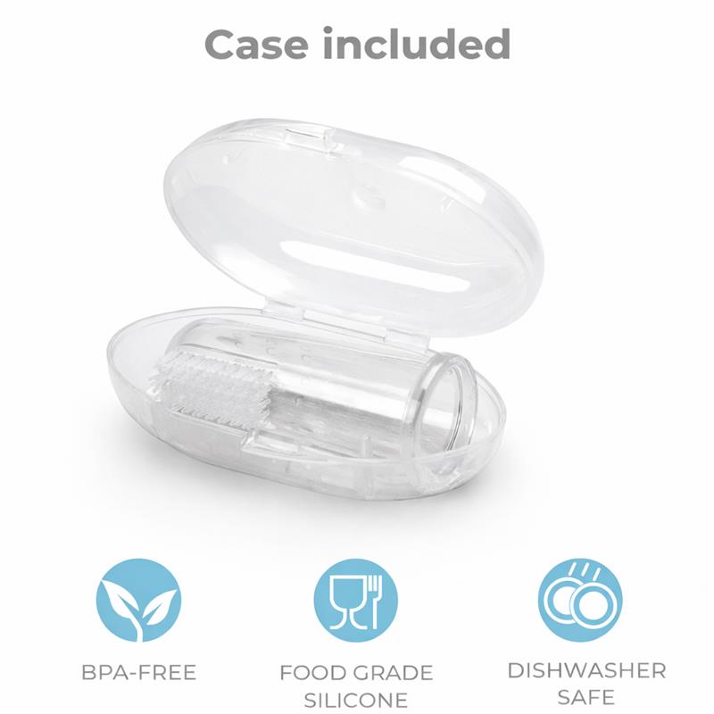 Silicone finger toothbrush with a clear case, labeled as BPA-free, food grade silicone, and dishwasher safe.