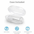 Silicone finger toothbrush with a clear case, labeled as BPA-free, food grade silicone, and dishwasher safe.