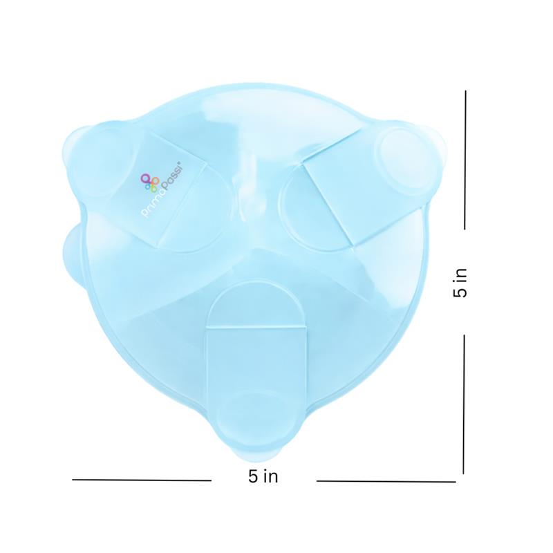 On-the-go baby formula dispenser in blue, measuring 5 inches, featuring multiple compartments for easy formula storage.