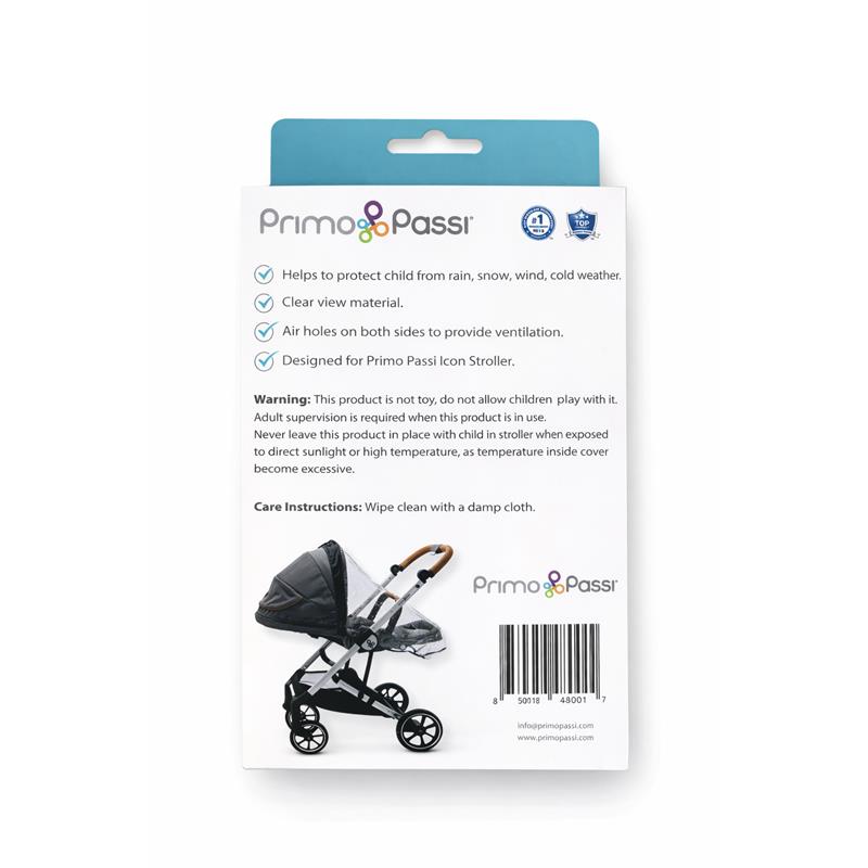 Primo Passi rain cover for Icon stroller, featuring clear material, and ventilation holes for weather protection.