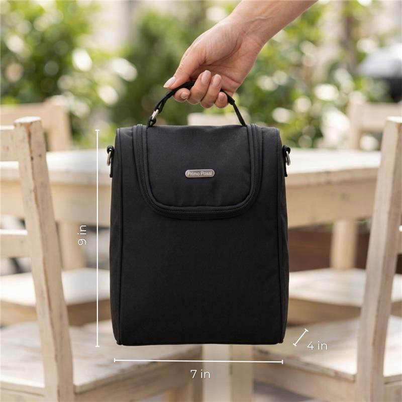 Primo Passi insulated bottle bag in black, held by a hand, with dimensions 9x7x4 inches visible.