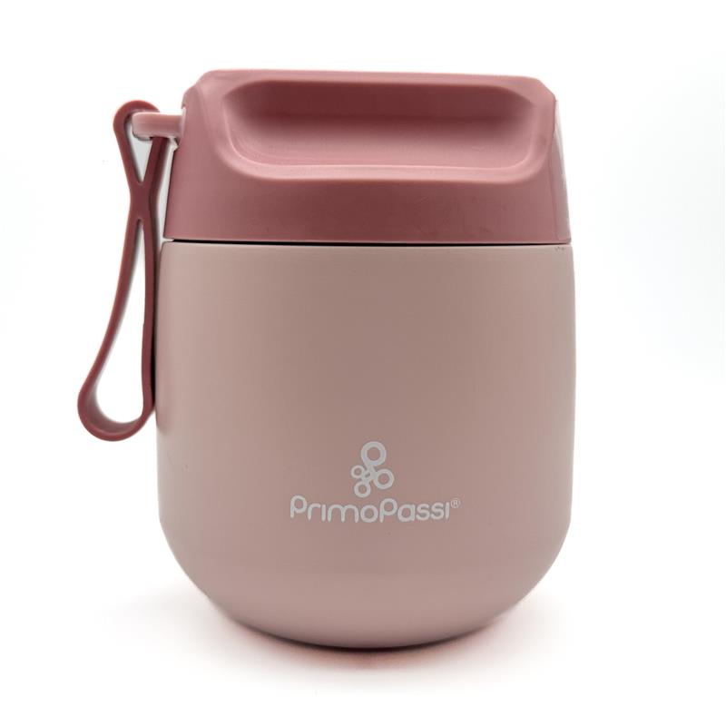 Insulated food jar in rose pink by Primo Passi with a secure lid and side handle for easy carrying.