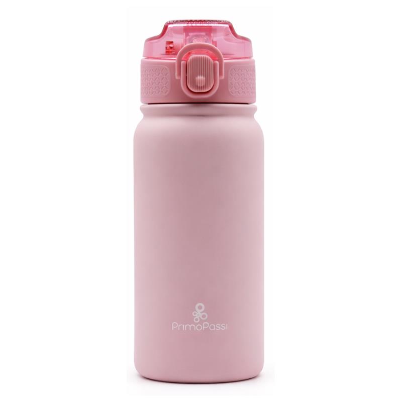 Insulated bottle by Primo Passi in rose pink, featuring a secure lid and soft matte finish.
