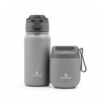 Primo Passi insulated bottle and food jar in senior grey, featuring a durable design and ergonomic caps.