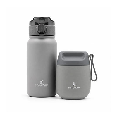 Primo Passi insulated bottle and food jar in senior grey, featuring a durable design and ergonomic caps.
