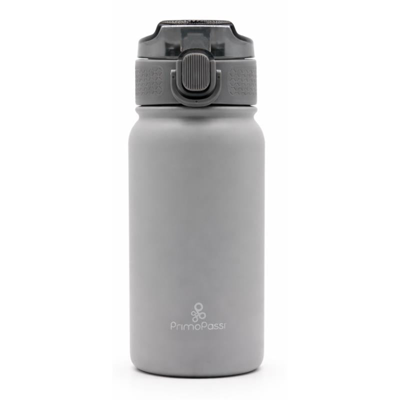 Insulated bottle in senior grey with textured grip and lid, featuring the Primo Passi logo.