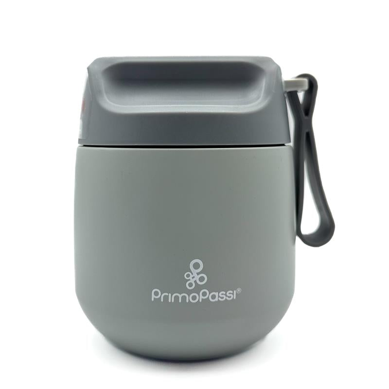 Insulated food jar in senior grey by Primo Passi, featuring a simple design and a handle for easy carrying.