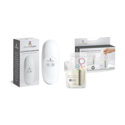 Primo Passi Lactation Massager and Temp-Sensing Breastmilk Storage Bag, 8oz, 250ml, 100 count in packaging.