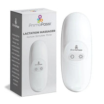 Primo Passi Lactation Massager in white, designed for breastfeeding comfort, displayed alongside its packaging.