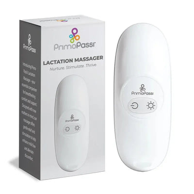 Primo Passi Lactation Massager in white, designed for breastfeeding comfort, displayed alongside its packaging.