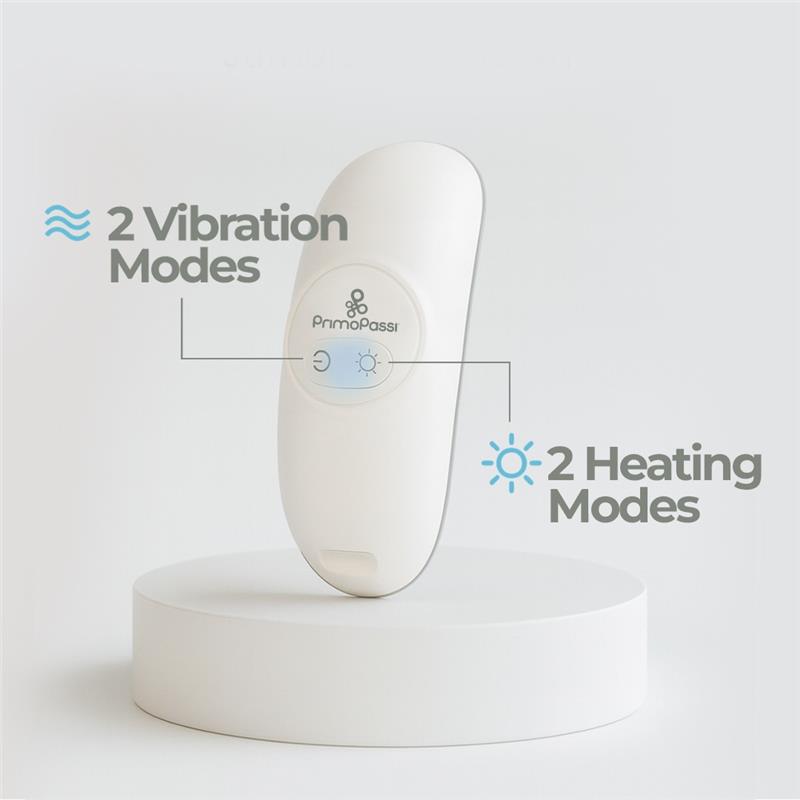 Lactation massager by Primo Passi, featuring controls for 2 vibration and 2 heating modes, displayed on a white pedestal.
