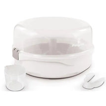 Microwave steam sterilizer by Primo Passi in white, includes a measuring cup and tongs, designed for sterilizing baby items.