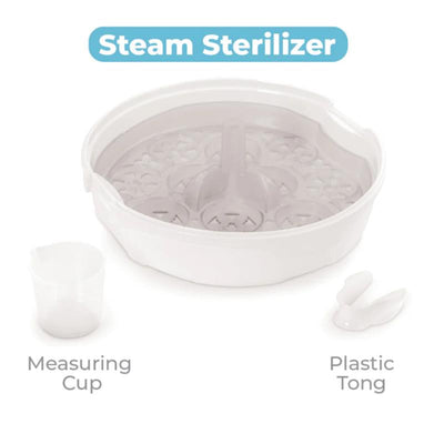 Microwave steam sterilizer with a measuring cup and plastic tongs, designed for safely sterilizing baby items.