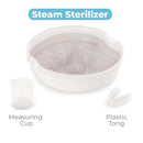 Microwave steam sterilizer with a measuring cup and plastic tongs, designed for safely sterilizing baby items.