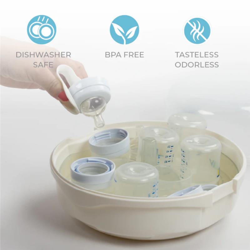 Microwave steam sterilizer Primo Passi with baby bottles, highlighting its dishwasher safe, BPA free, tasteless, and odorless features.