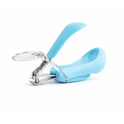 Blue baby nail clipper with a built-in magnifier, designed for safe and precise nail trimming.