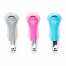 Grey and pink baby nail clippers with a magnifier, featuring ergonomic grips and shiny metal blades.