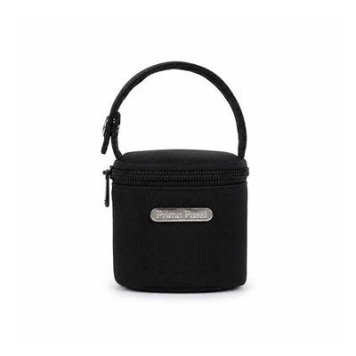 Black Primo Passi pacifier bag with a handle and zip closure, designed for safe storage of pacifiers.