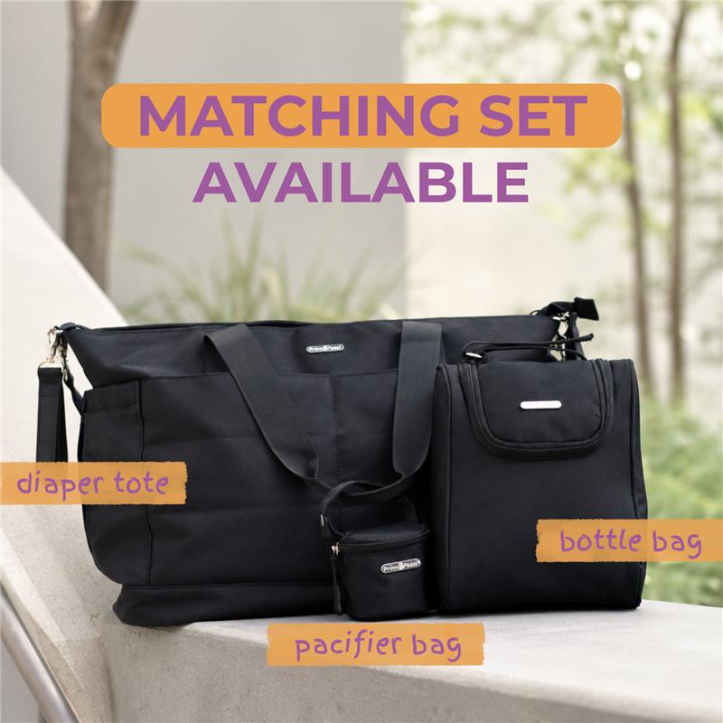 Black diaper bag set featuring a pacifier bag, bottle bag, and matching tote, labeled for identification.