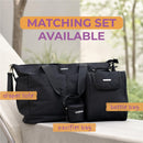 Black diaper bag set featuring a pacifier bag, bottle bag, and matching tote, labeled for identification.