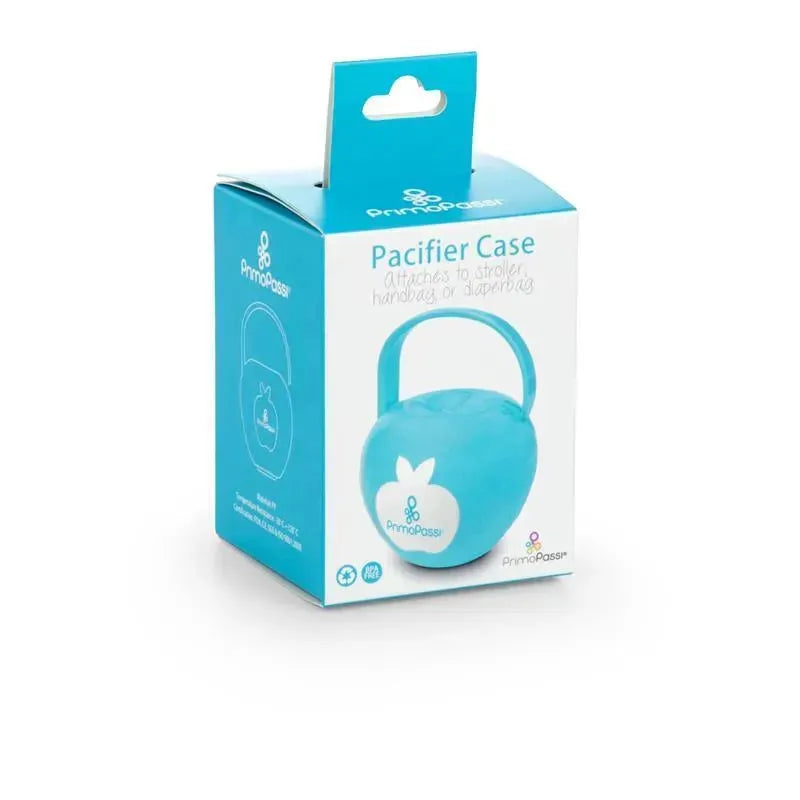 Primo Passi blue pacifier case with a handle, designed to attach to strollers, handbags, or diaper bags.