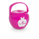 Pink apple-shaped pacifier case by Primo Passi with a handle, designed for storing pacifiers securely.