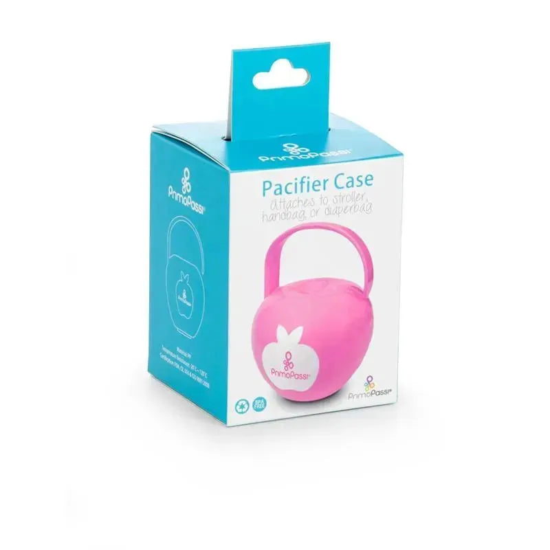 Pink Primo Passi Pacifier Case packaging, featuring a handle and text indicating it attaches to strollers or bags.