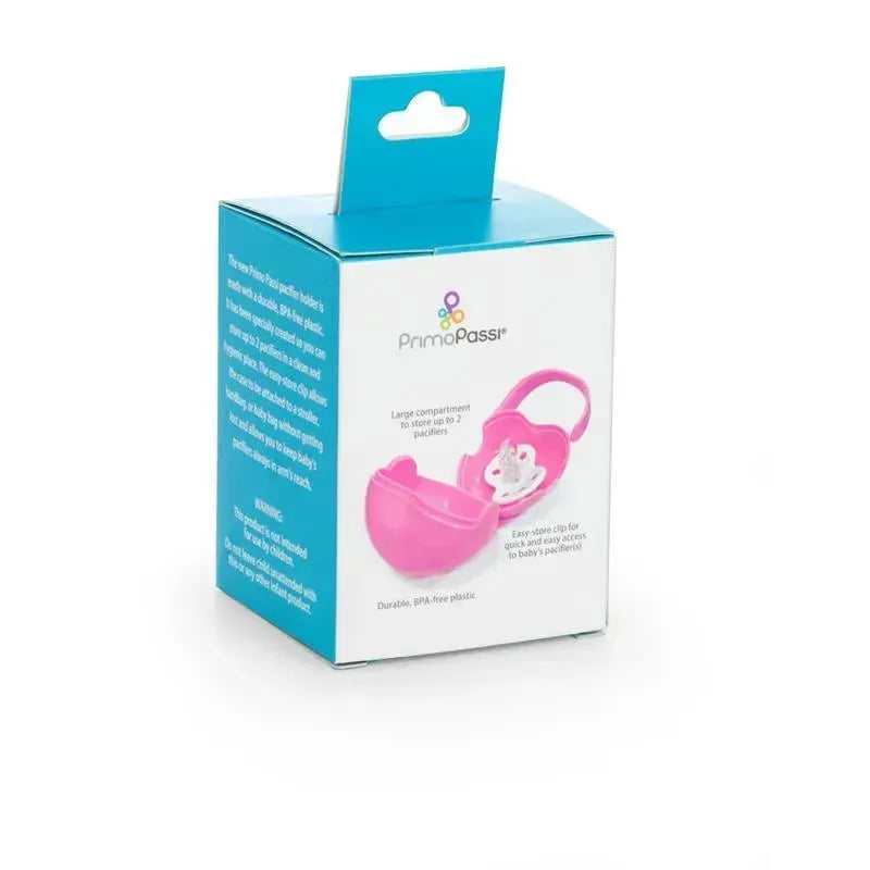 Pink Primo Passi pacifier case with a large compartment for storing up to two pacifiers, featuring an easy-store clip.