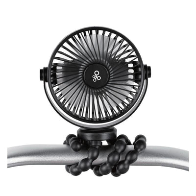 Portable baby stroller fan with a flexible mount, designed for personal cooling on the go.