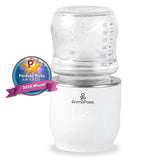 Portable Primo Passi bottle warmer in white, featuring a digital display showing 45, topped with a transparent bottle.