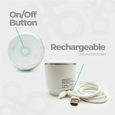 Portable bottle warmer in white with an on/off button and included USB charging cord.