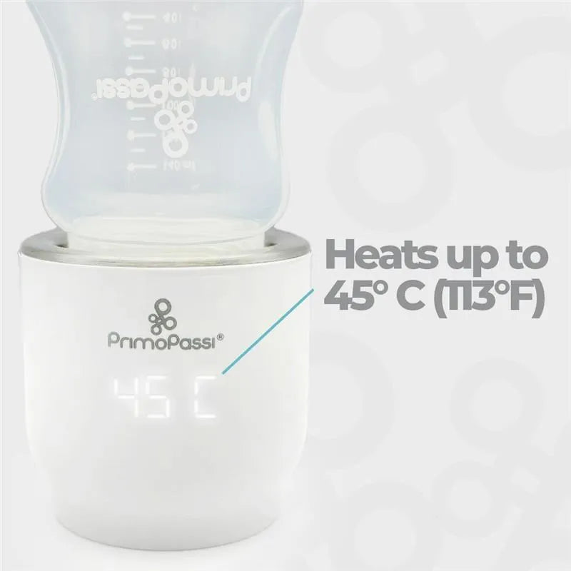 Portable white bottle warmer by Primo Passi, displaying a temperature reading of 45°C (113°F) for heating bottles.