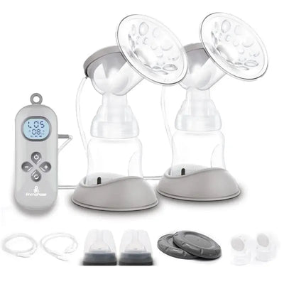 Dual electric breast pump with two breast shields, control panel, and additional accessories for portable charging.