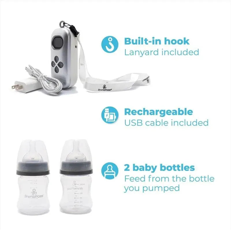 Portable Dual Charge Electric Breast Pump, includes lanyard, USB cable, and two baby bottles for feeding.