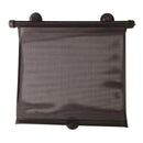 Black roller sunshade designed for cars, featuring a mesh fabric and mounted on adjustable brackets.