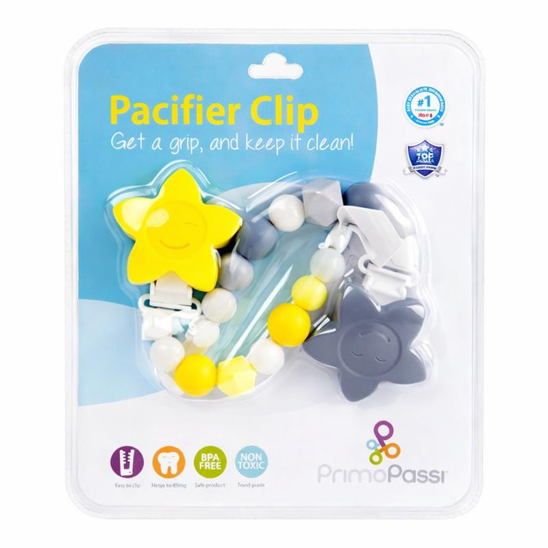 Silicone baby pacifier holder clip by Primo Passi, featuring yellow and gray star designs and colorful beads, BPA-free.