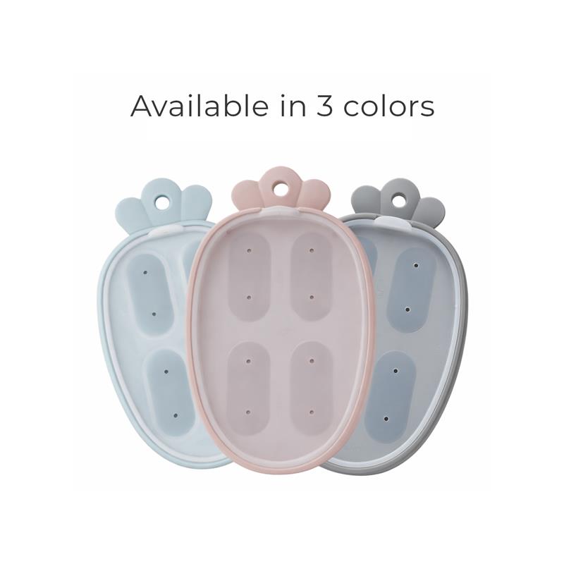 Silicone freezer molds in dusty blue, pink, and gray, featuring oval shapes and bunny ear handles.