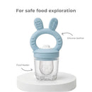 Silicone carrot food feeder with bunny ears, for safe food exploration; includes teether and clear container.