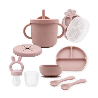Rose pink baby feeding set including silicone carrot freezer, food feeder, spoon 2-pack, suction bowl, plate, training cup, and snack cup.
