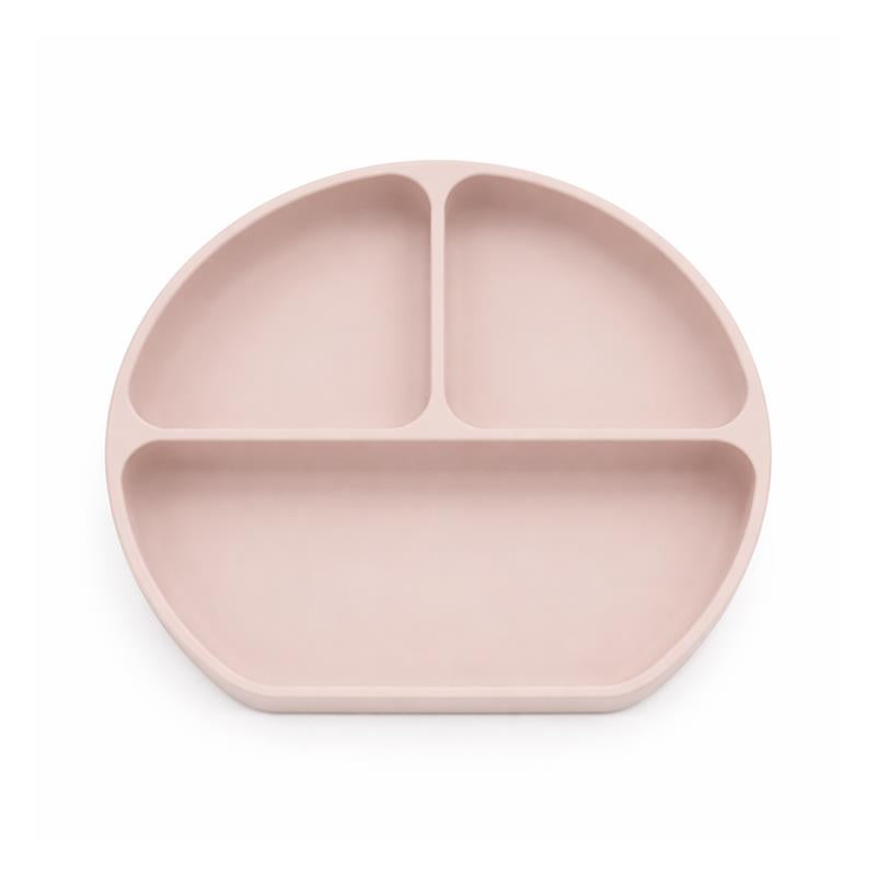 Rose pink suction plate with three compartments, designed for toddler feeding and mealtime use.